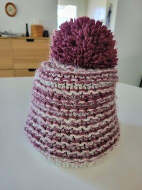 Pom Knitted Cozy Fuzzy Beanie Made In Italy- Purple & Grey
